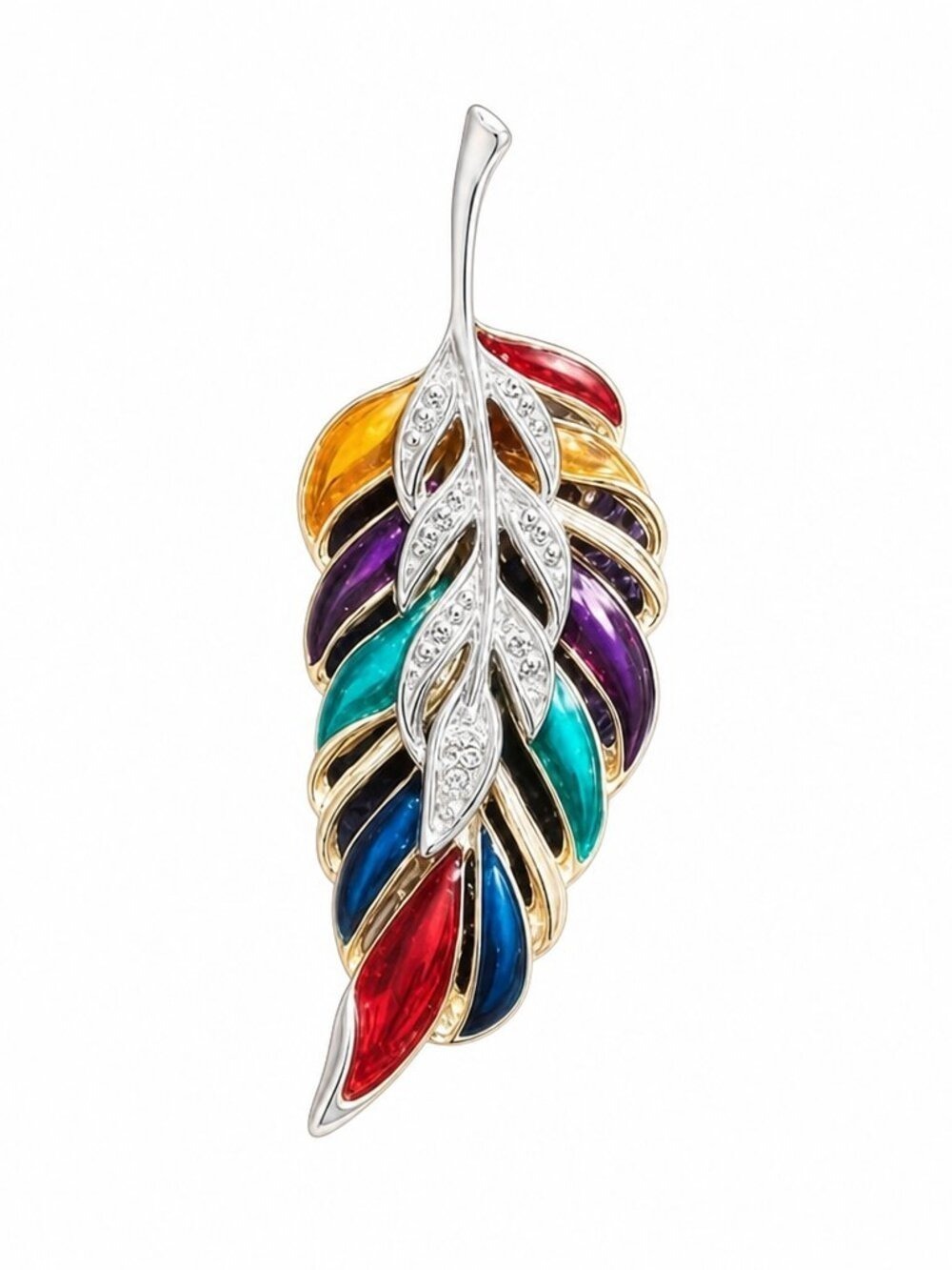 Vintage Multicolored Leaf Brooch Silver-Tone | Retro Statement Pin